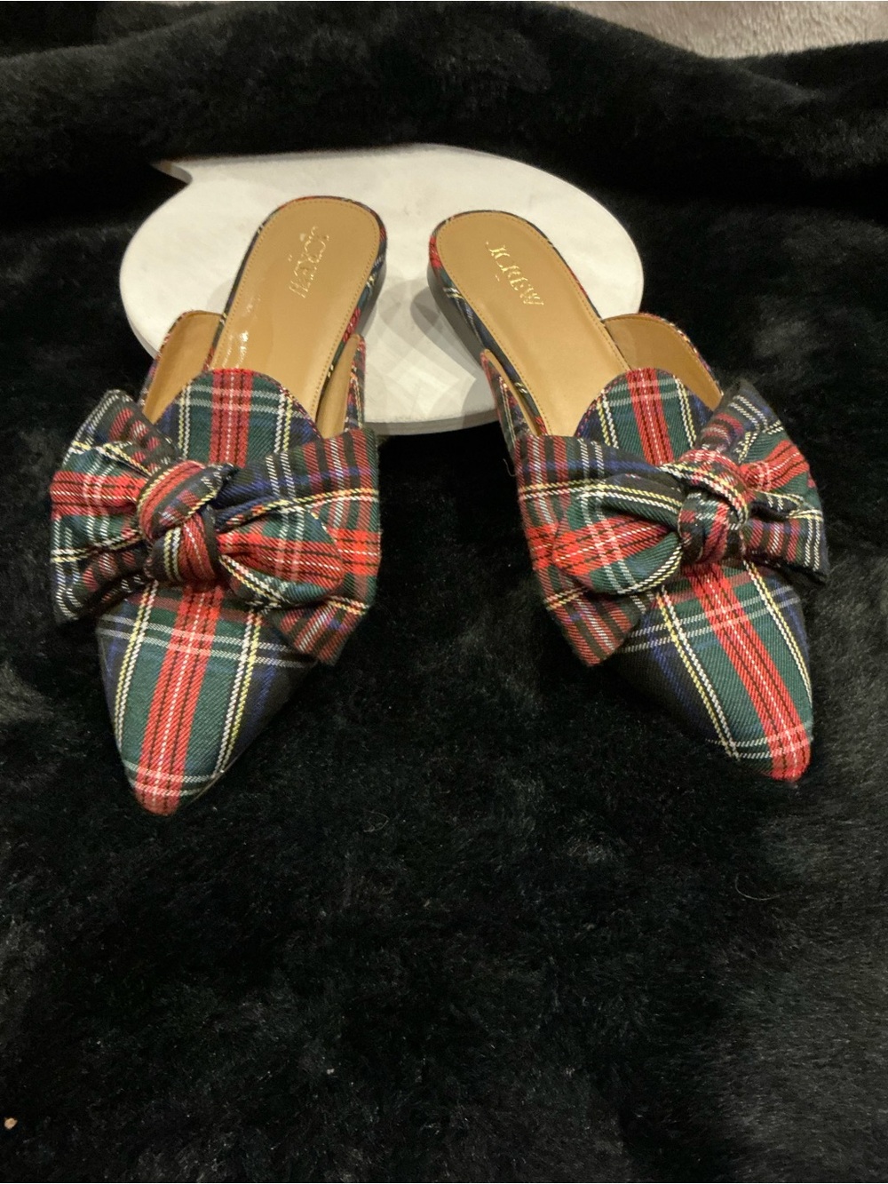 J. Crew Tartan Pointed-Toe Bow Mules - Red & Green Size 9.5